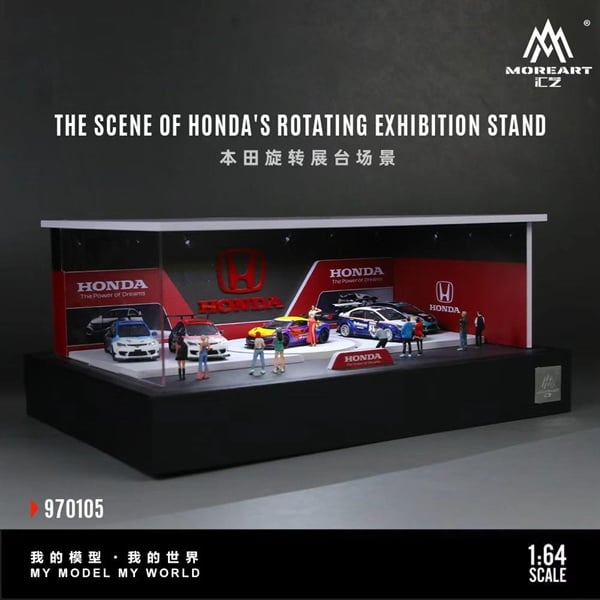  Hộp trưng bày mô phỏng diorama showroom Honda có đế xoay - đèn - mica kích thước 33,7cm x 23,7cm x 14,5cm tỉ lệ 1:64 MoreArt MO970105 