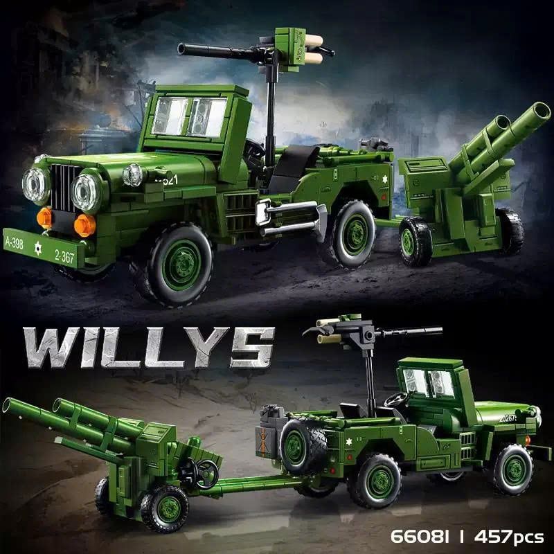  Mô hình xe ô tô lắp ghép Xe Willys quân sự đi kèm trailer pháo 457 mảnh LY70 LG043 