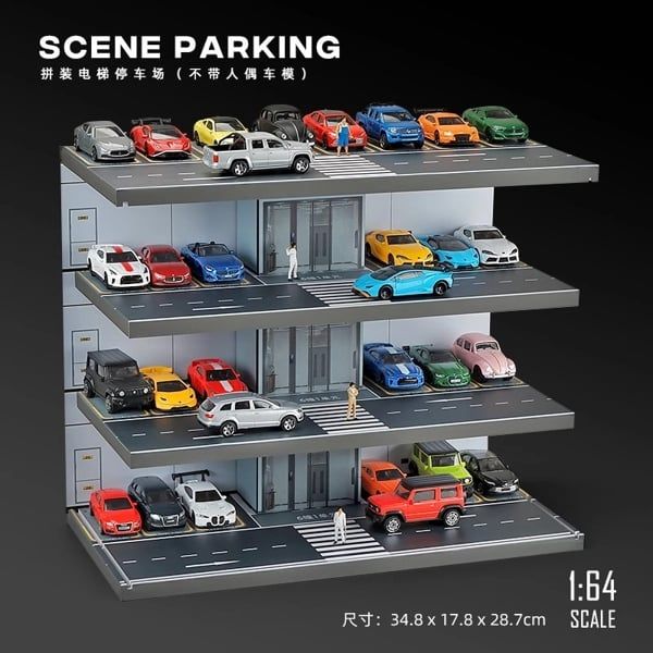  Hộp trưng bày mô phỏng bãi đậu xe có thang máy không led 37x28x6 tỉ lệ 1:64 SHOU CANG JIA SCJ415A 