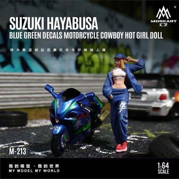  Mô hình nhân vật Figure và xe Suzuki Hayabusa Blue Green Cowboy Hot Girl tỉ lệ 1:64 MoreArt MO222213 