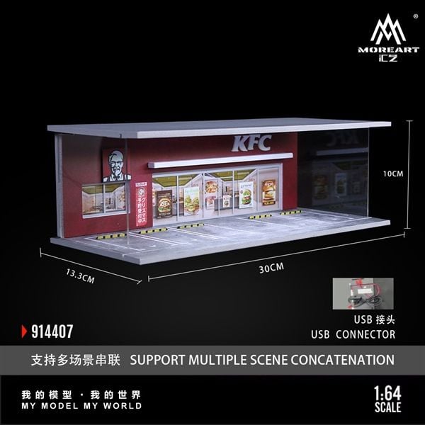  Hộp trưng bày mô phỏng cửa hàng KFC có đèn kích thước 30x13.3x10cm tỉ lệ 1:64 MoreArt MO914407 