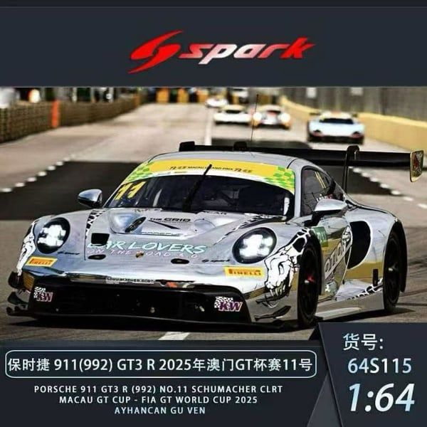  Mô hình xe Porsche 911 GT3 R (992) No.11 Schumacher CLRT Macau GT CUP 2025 tỉ lệ 1:64 Spark model64S115 