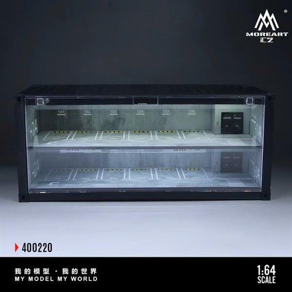 Hộp trưng bày mô phỏng container bãi đỗ - parking lot 2 tầng có đèn - thang máy hộp kích thước 38,7cm x 16cm x 16,5cm tỉ lệ 1:64 MoreArt MO400220 