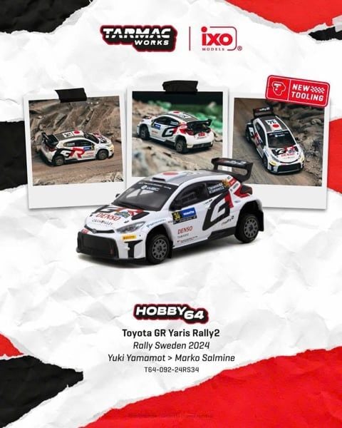  Mô hình Toyota GR Yaris Rally2 – Rally Sweden 2024 (Yuki Yamamoto / Marko Salminen) tỉ lệ 1:64 Tarmac WorksT64-092-24RS34 
