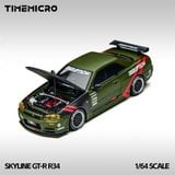  Mô hình xe Nissan Skyline GT-R R34 Disruption matt green mở được capo tỉ lệ 1:64 Time micro TM646317 