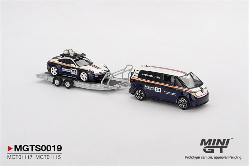  Mô hình xe Porsche 911 Dakar #718 / Volkswagen ID. Buzz Porsche Centrum Gelderland Roughroads Set tỉ lệ 1:64 MiniGT MGTS0019 