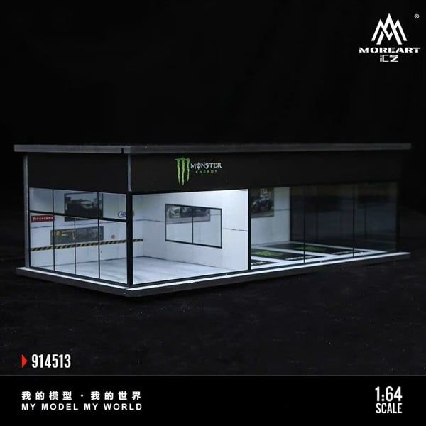  Hộp trưng bày mô phỏng showroom garage Monster Energy có đèn - mica kích thước 30cm x 15cm x 10cm tỉ lệ 1:64 MoreArt MO914513 