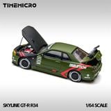  Mô hình xe Nissan Skyline GT-R R34 Disruption matt green mở được capo tỉ lệ 1:64 Time micro TM646317 