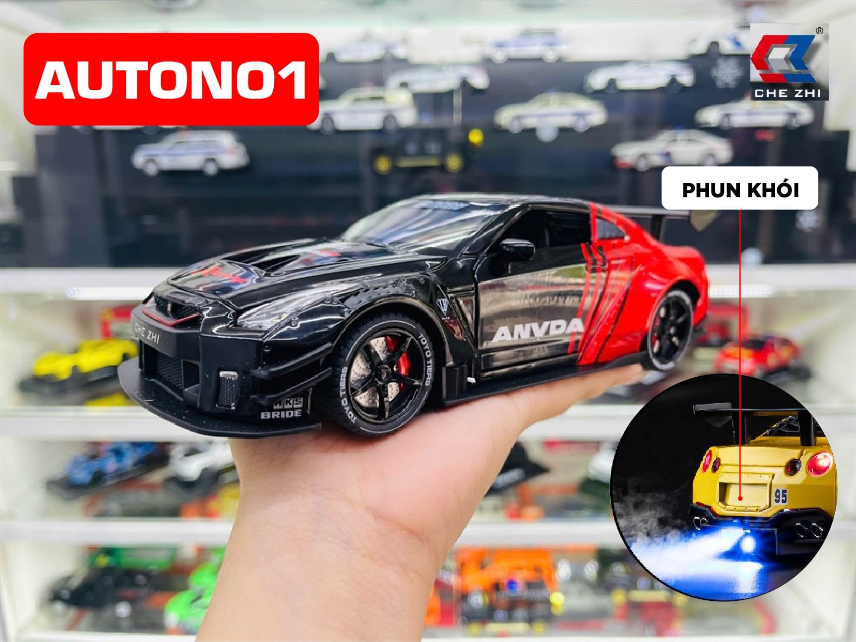  Mô hình xe Nissan GTR R35 Racing full open - phun khói - có đèn - âm thanh tỉ lệ 1:24 Chezhi 1901-412 