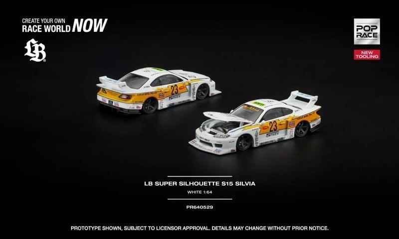  Mô hình xe Nissan LB Super Silhouette S15 Silvia White New Tooling tỉ lệ 1:64 Pop Race PR640529 