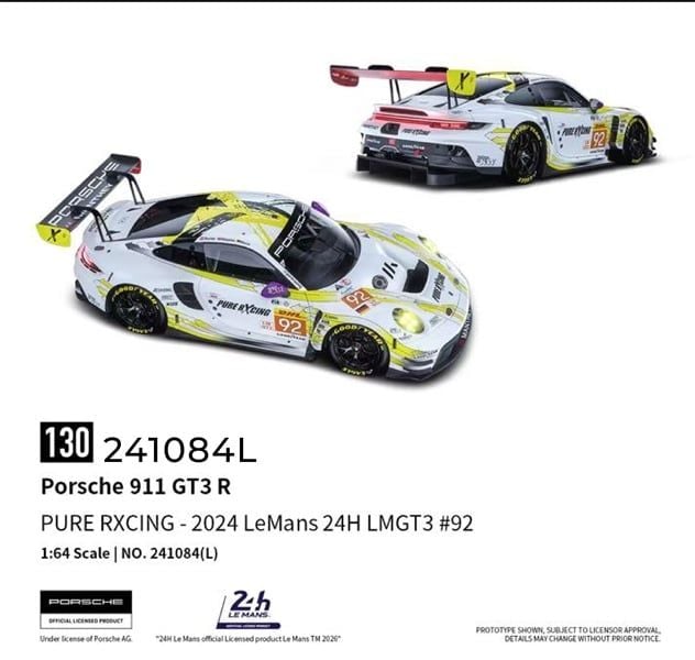  Mô hình xe Porsche 911 GT3 R - EMA Motorsport-2024 LeMans 24H LMGT3 Winner #92 tỉ lệ 1:64 Trends Hobby 241084L 