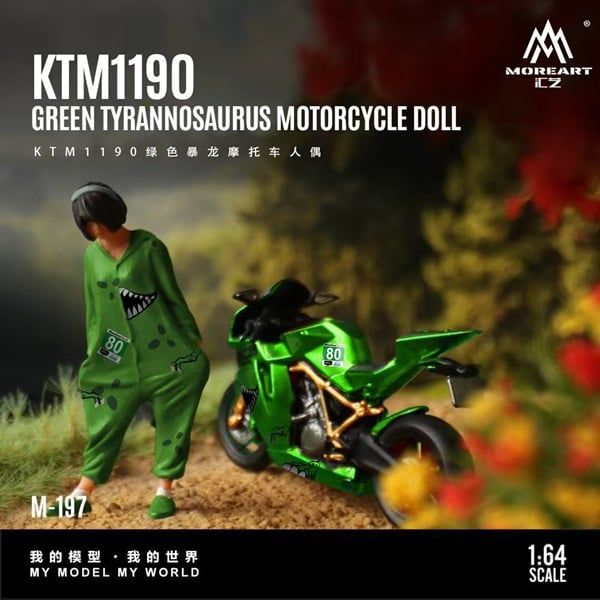  Set mô hình nhân vật figure và xe mô tô KTM 1190 Tyrannosaurus Rexy #80 green resin tỉ lệ 1:64 MoreArt MO222197 