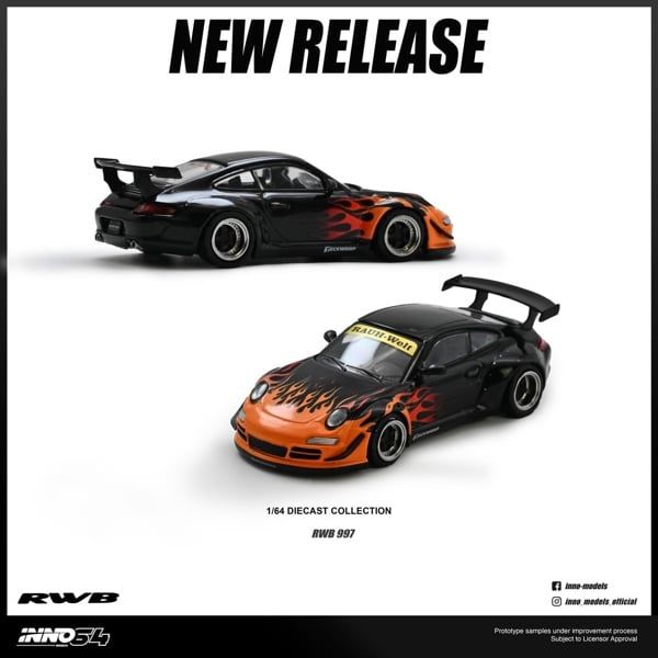  Mô hình xe Porscher RWB 997 Orange Burning Flame tỉ lệ 1:64 Inno64 model IN64-RWB997-OBF 