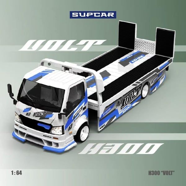  Mô hình xe tải thớt cứu hộ H300 Flatbed Trailer – Original Design ADVAN “VOLT” Blue and White Livery Die-Cast Car Model tỉ lệ 1:64 ModernArt SC647237 