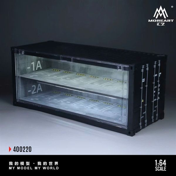  Hộp trưng bày mô phỏng container bãi đỗ - parking lot 2 tầng có đèn - thang máy hộp kích thước 38,7cm x 16cm x 16,5cm tỉ lệ 1:64 MoreArt MO400220 