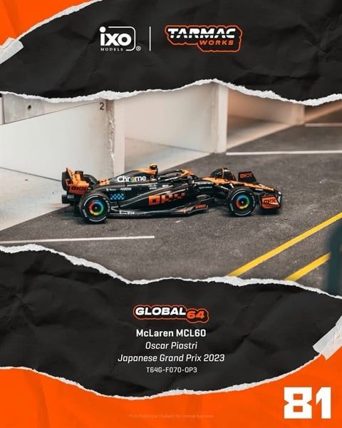  Mô hình xe McLaren MCL60 – Japanese Grand Prix 2023 Oscar Piastri tỉ lệ 1:64 Tarmac Works T64G-F070-OP3 