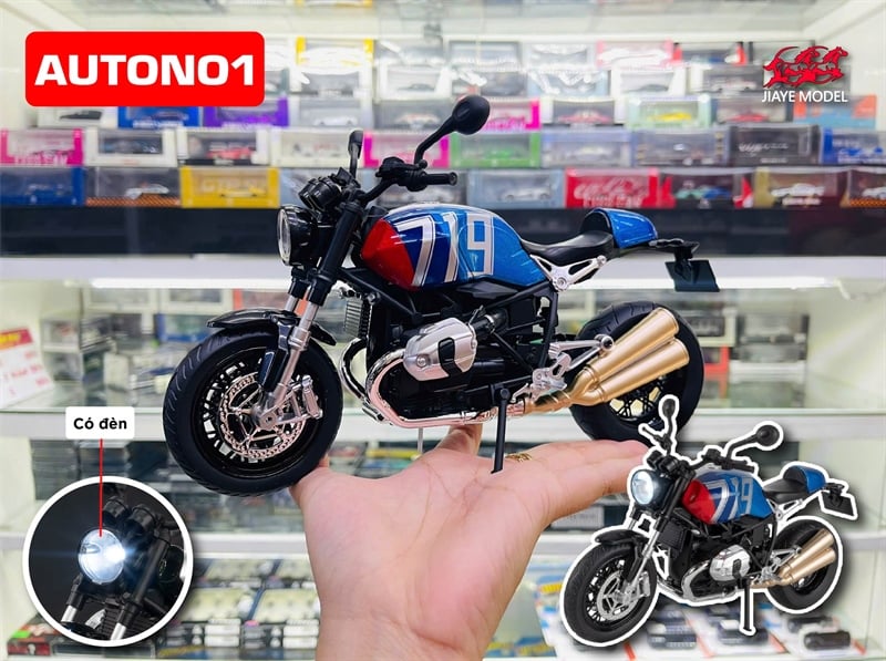  Mô hình xe BMW R9T R nine T - đi kèm ben nâng - có phuộc nhún trước và sau - có đèn và âm thanh tỉ lệ 1:9 Alloy model MT09012 