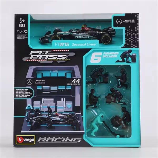 Set Mô hình xe đua F1 đi kèm 6 FIG + Pit Set Garage Mercedes AMG Petronas F1 W15 E Performa OT43032nce tỉ lệ 1:43 Bburago 38452 OT43032 