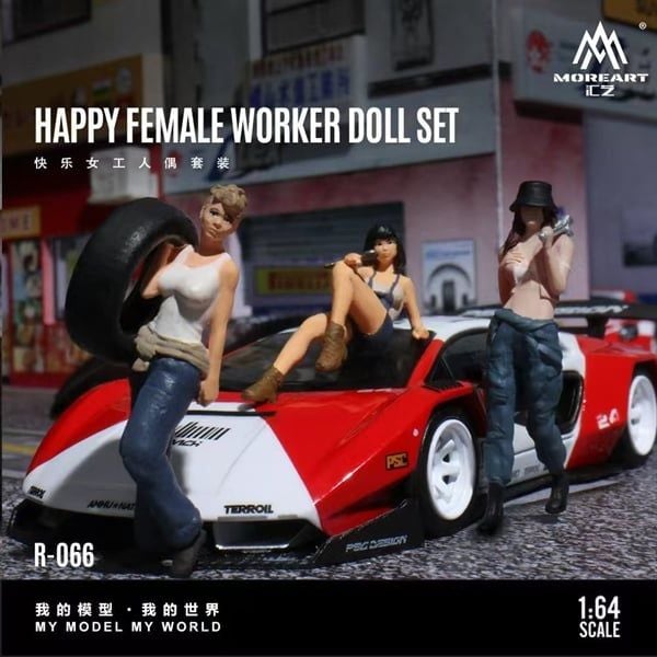  Mô hình nhân vật figure set 4 người nữ thợ sửa xe Happy Female Doll Set Simulation Resin tỉ lệ 1:64 MoreArt MO223066 