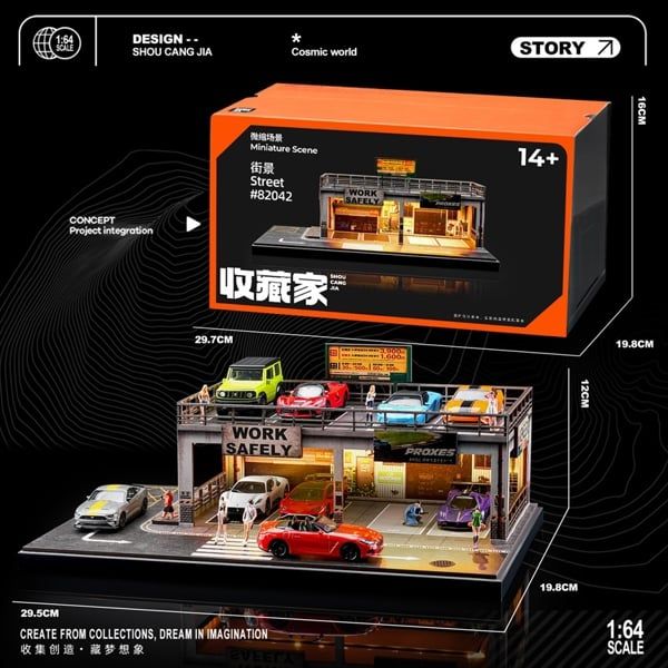  Hộp trưng bày mô phỏng Gara sửa xe Chăm sóc xe 2 tầng Work Safely Performance 297*185*160mm tỉ lệ 1:64 Shou cang jia SCJ82042 