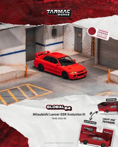  Mô hình xe Mitsubishi Lancer GSR Evolution III (Red) box tỉ lệ 1:64 Tarmac Worrks T64G-050-RE 