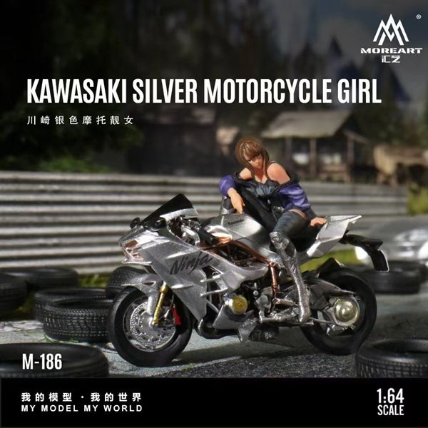  Set mô hình nhân vật figure nữ và xe mô tô Kawasaki Ninja H2R silver tỉ lệ 1:64 MoreArt MO222186 