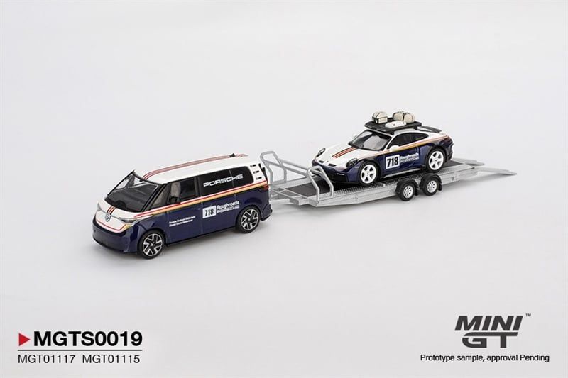 Mô hình xe Porsche 911 Dakar #718 / Volkswagen ID. Buzz Porsche Centrum Gelderland Roughroads Set tỉ lệ 1:64 MiniGT MGTS0019 