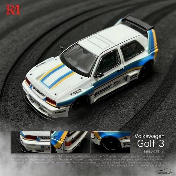  Mô hình xe Volkwagen Golf MK 3 white racing tỉ lệ 1:64 Rhino model OT64491 