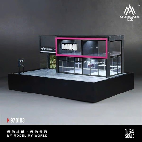  Hộp trưng bày mô phỏng showroom Mini Cooper có tầng - mica - đèn kích thước 33.7cm x23.7cm x 16cm tỉ lệ 1:64 MoreArt MO97103 