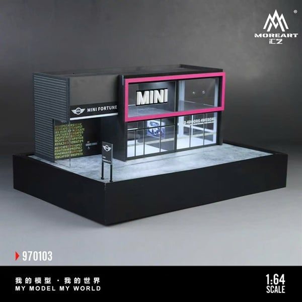  Hộp trưng bày mô phỏng showroom Mini Cooper có tầng - mica - đèn kích thước 33.7cm x23.7cm x 16cm tỉ lệ 1:64 MoreArt MO97103 