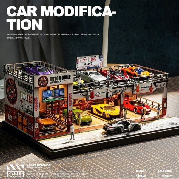  Hộp trưng bày mô phỏng diorama garage - xưởng để xe có đèn kích thước 29.5x19.7x11.8cm tỉ lệ 1:64 Shou Cang JiSCJ82065 