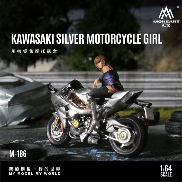  Set mô hình nhân vật figure nữ và xe mô tô Kawasaki Ninja H2R silver tỉ lệ 1:64 MoreArt MO222186 