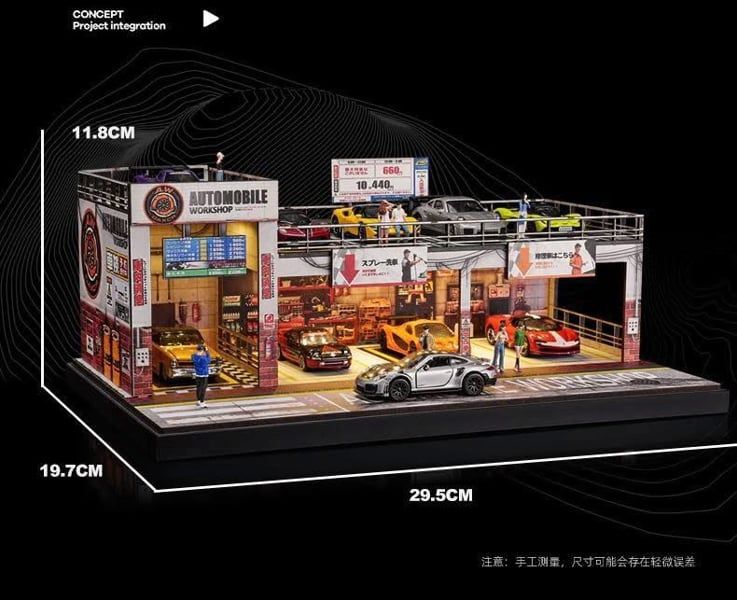  Hộp trưng bày mô phỏng diorama garage - xưởng để xe có đèn kích thước 29.5x19.7x11.8cm tỉ lệ 1:64 Shou Cang JiSCJ82065 