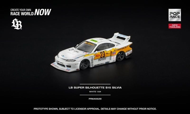  Mô hình xe Nissan LB Super Silhouette S15 Silvia White New Tooling tỉ lệ 1:64 Pop Race PR640529 