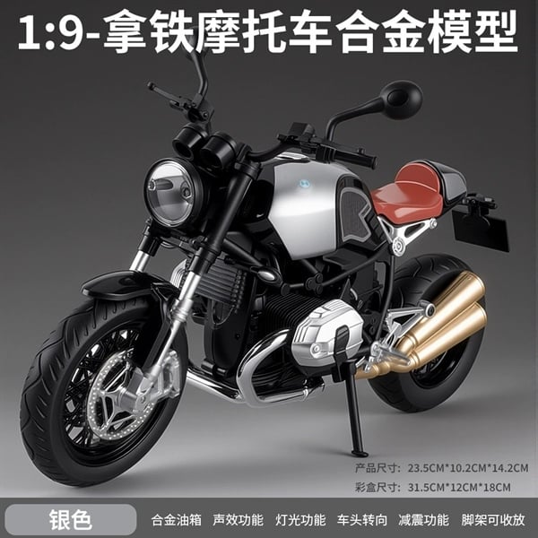  Mô hình xe BMW R9T R nine T - đi kèm ben nâng - có phuộc nhún trước và sau - có đèn và âm thanh tỉ lệ 1:9 Alloy model MT09012 