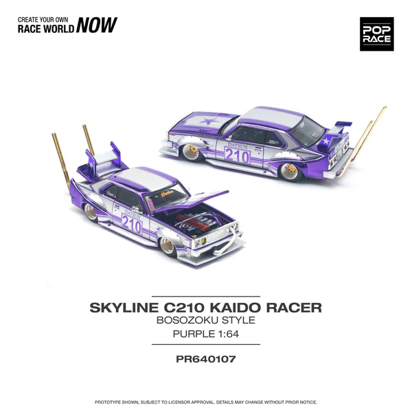  [Hàng Loose] Mô hình xe ô tô Skyline C210 Kaido Racer Bosozoku Style Purple Chrome/Silve tỉ lệ 1:64 Pop Race PR640107 