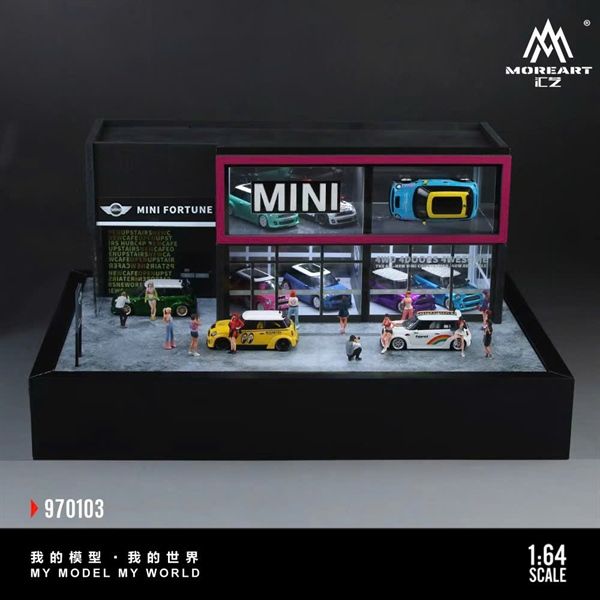  Hộp trưng bày mô phỏng showroom Mini Cooper có tầng - mica - đèn kích thước 33.7cm x23.7cm x 16cm tỉ lệ 1:64 MoreArt MO97103 