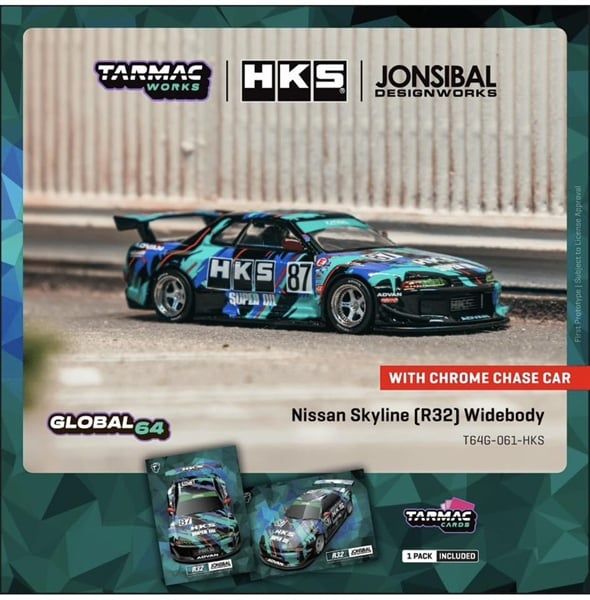  Combo mô hình xe + Trading Cards Nissan Skyline (R32) Widebody HKS tỉ lệ 1:64 Tarmac Works T64G-061-HKS 