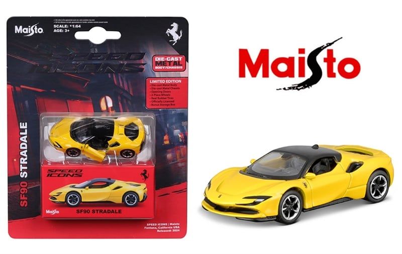  Mô hình xe Ferrari SF90 Stradale Giallo Modena Yellow/Black - Speed Icon bản card tỉ lệ 1:64 Maisto 15703 