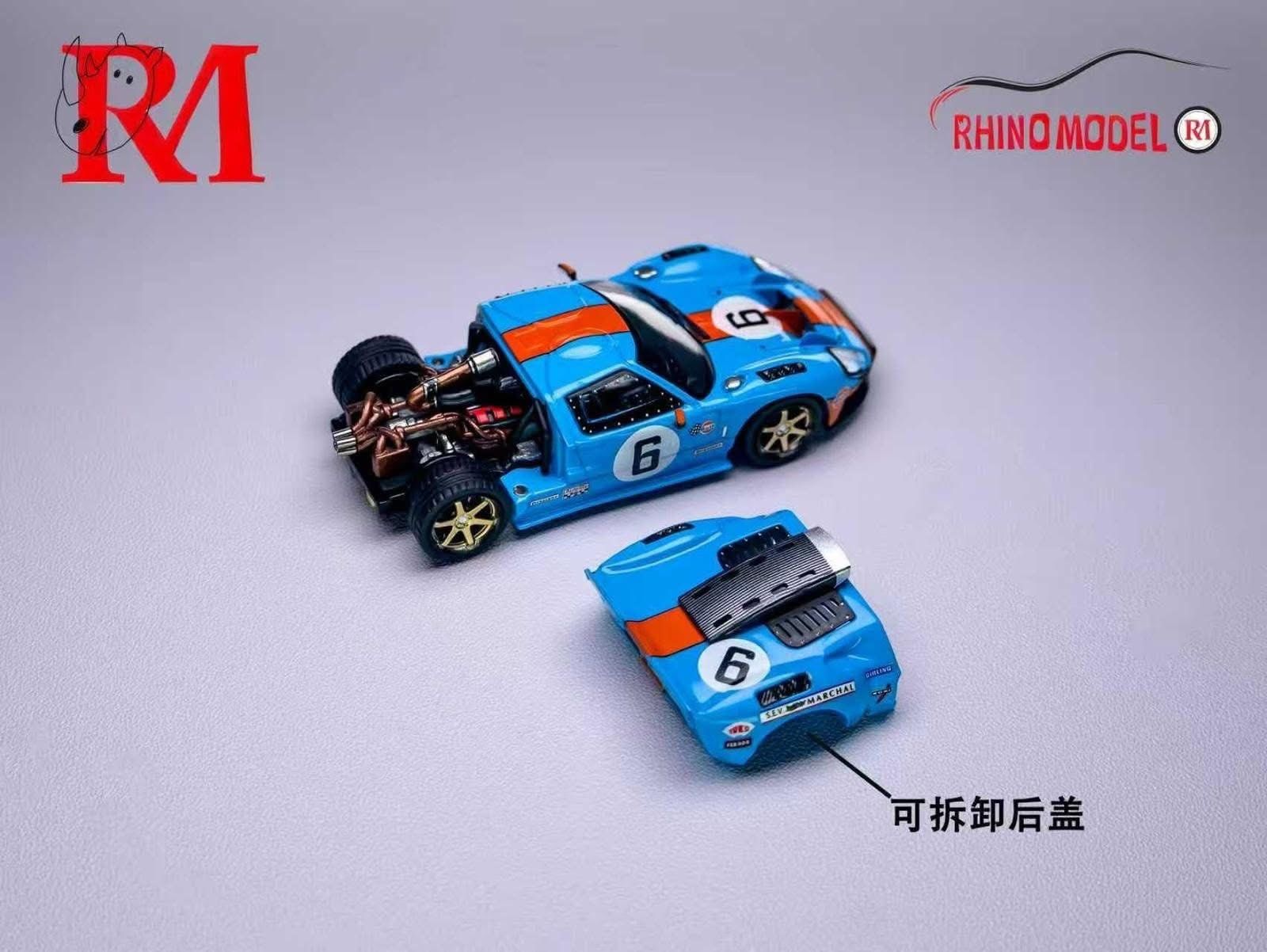  Mô hình xe Ford GT40 (engine cover magnetic structure) mở được nắp máy tỉ lệ 1:64 Model RM Rhino OT64654 