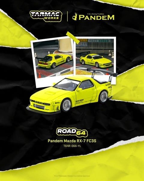  Mô hình xe Pandem Mazda RX-7 FC3S Yellow tỉ lệ 1:64 Tarmac Works T64R-066-YL 