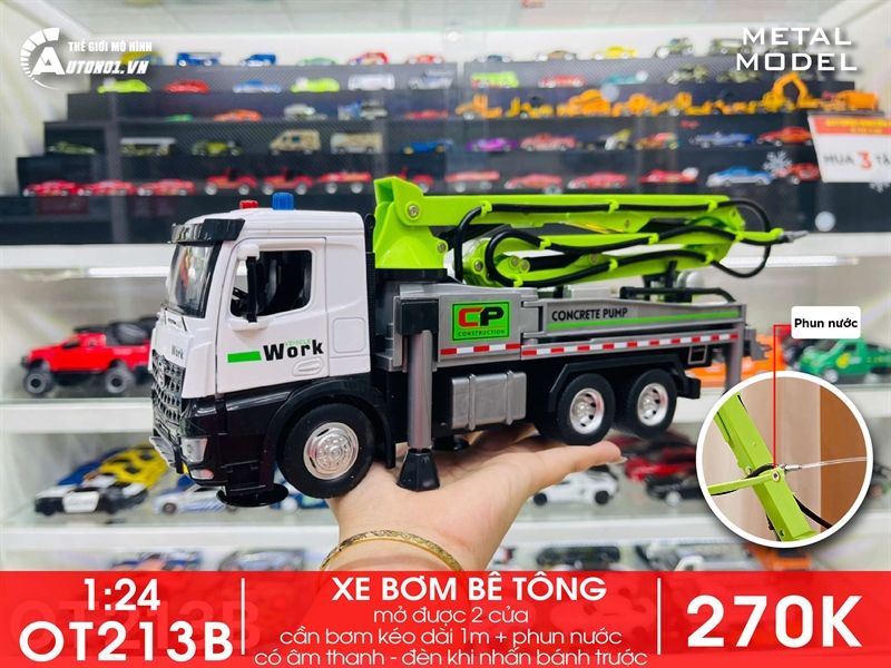  Đồ trang trí để bàn, mô hình ô tô, chất liệu chính bằng nhựa kết hợp sắt kt 25*13*9.5cm +/-10% - Xe công trình- bơm bê tông tỉ lệ 1:24 Metal DieCast OT213 