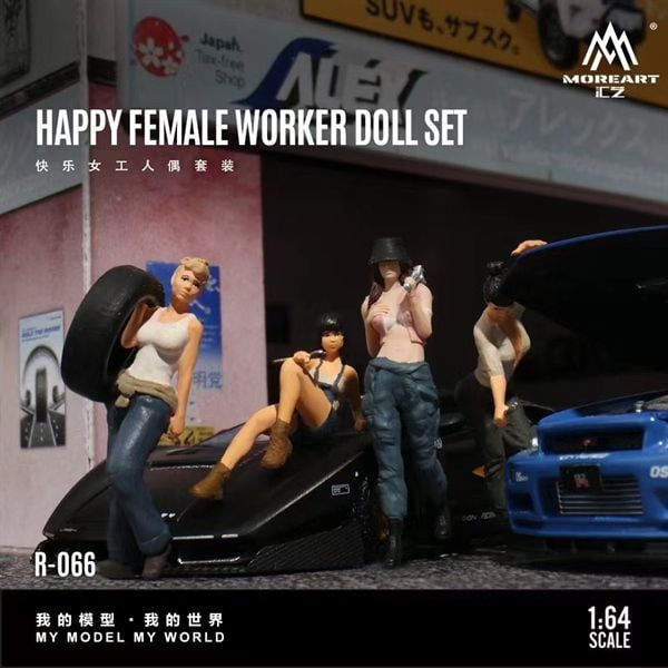  Mô hình nhân vật figure set 4 người nữ thợ sửa xe Happy Female Doll Set Simulation Resin tỉ lệ 1:64 MoreArt MO223066 