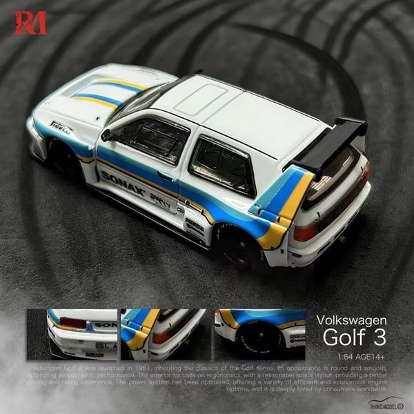  Mô hình xe Volkwagen Golf MK 3 white racing tỉ lệ 1:64 Rhino model OT64491 