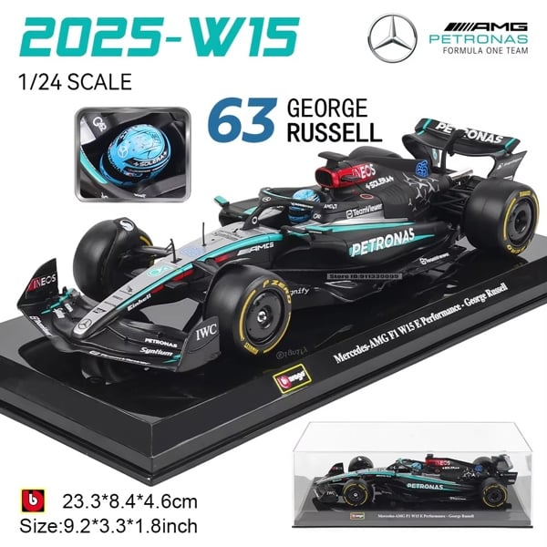  Mô hình xe đua F1 Formula Mercedes Benz Petronas 2024 W15 E Performance hộp mica có figure tỉ lệ 1:24 Bburago 28063 OT24123 