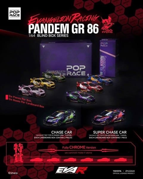  Set 6 mô hình xe Toyota GR 86 EVANGELION RACING PANDEM Blind box tỉ lệ 1:64 Pop race PR-GR86 