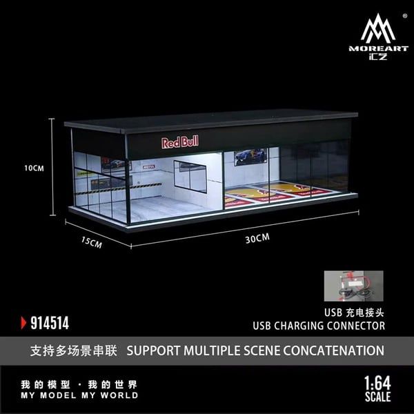  Hộp trưng bày mô phỏng showroom Red Bull - Parking Showroom Scene có đèn kích thước 30cm x 15cm x 10cm tỉ lệ 1:64 MoreArt MO914514 