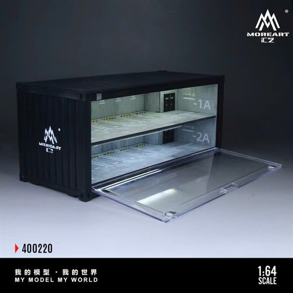  Hộp trưng bày mô phỏng container bãi đỗ - parking lot 2 tầng có đèn - thang máy hộp kích thước 38,7cm x 16cm x 16,5cm tỉ lệ 1:64 MoreArt MO400220 