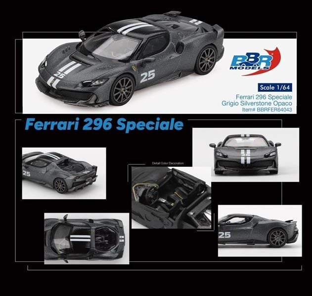  Mô hình xe Ferrari 296 Speciale Grigio Silverstone Opaco tỉ lệ 1:64 BBR model BBRFER64043 