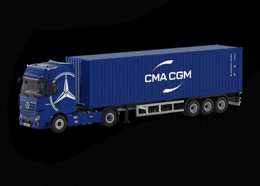  Mô hình xe tải container Mercedes Benz Actros CMA CGM blue tỉ lệ 1:64 Time micro x Perka TM646745 